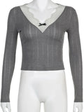 Tineit Y2K Tops Women Spring Long Sleeve V Neck Lace Stitching Crop Top Casual Slim Gray Basic Knitted T Shirt Vintage 2000s Camisetas