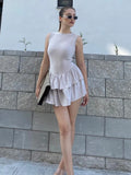 Tineit Slim Frill Tank Mini Dress For Women Summer New Party Club Vestido Sexy Sleeveless Patchwork Dresses Lady Pullover Solid