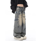 Tineit Women Blue Jeans Cargo Pants Streetwear High Waist American Wide Leg Pants Fashion Y2K Style Female Winter Straight Trousers