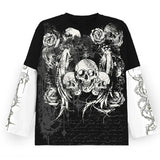 Tineit Japanese Emo 2000s Retro Graphic Tops Dark Academia Skulls Print T-shirt Patchwork Long Sleeve Baggy Tees Gothic Clothes