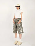 Tineit Women Tan Leopard Print Denim Shorts Y2k Baggy Vintage Streetwear High Waist Jeans Summer Wide Leg Five Points Trouser