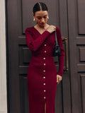 Black Friday Tineit Fall Winter Long Sleeve Knitted Dress Button Slit Female Sweater Cardigan Dresses Slim Solid Elegant Office Lady Clothes