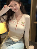 Tineit Y2k Cherry Embroidered T-shirt Women Sexy V Neck Long Sleeve Crop Top Female Spring Korean Fashion Harajuku Sweet Cute Slim Tees