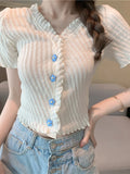 Tineit Preppy Style Sweet Tops Women Summer Short Sleeve Ruffles Flower-button Knitted T Shirt Elegant All-match Solid Slim Crop Top