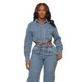 Tineit Pant Sets Draw String Turn Down Collar Denim Coat Tracksuit Single Breasted Jackets Wide Leg High Waist Jeans Loose Casual