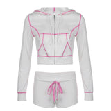 Tineit Two Piece Set Pink Bright Line Hoodie Tracksuit Women Casual Sweatshirt Coat Y2K Low Waist Shorts Outfits 2PCS Clothes