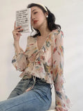 Tineit Floral Print Chiffon Blouses Women Summer Flare Sleeve V Neck Ruffles Shirts Ladies Elegant Vintage Sweet Lace Up Irregular Tops