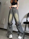 Tineit American New Old Strap Stitching Hole Micro-La  Baggy Jeans Female Y2K Fashion High Design Relaxed Casual Straight Wide-leg Pant