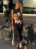 Tineit Sexy Cut Out Flower Print Maxi Dress Women's Summer Fashion Sleeveless Beach Dress Split Slim Fit Long Dress Female New