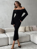 Tineit Knit Long Sleeve Slim Dress For Women Elegant One-Shoulder Sexy Long Gown Dresses Solid Rib Sweater Dress Autumn Winter