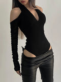 Tineit Off Shoulder Black Bodysuit Women Long Sleeve V Neck Backless Skinny Sexy Tops Ladies Party Clubwear Bodycon T Shirt Y2K Clothes