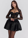 Black Friday Tineit Sexy Lace Bandage Mini Dress Women's Fashion See Through A-line Dress Fishbone Splice Long Sleeve Black Gown Dresses Lady