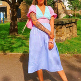 Tineit Retro Cottage Kawaii Puff Sleeve A-line Maxi Dress Vintage Plaid V Neck Long Dress Women French Style Y2K Holiday Streetwear