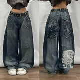 Tineit American New Harajuku Oversized Tiger Embroidered Baggy Jeans Men And Women Y2K Street Vintage Fashion High Waist Wide Leg Pants