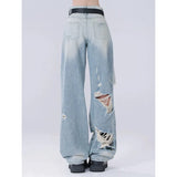 Tineit Blue Jeans for Women High Quality High Waist Streetwear Wide Leg Pants Worn-out Y2K Vintage Fashion Straight Summer Trousers