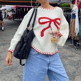 Tineit Preppy Cute Y2K Aesthetic Grunge Knitwear Bowknot Patterm Loose Fit Knitted Sweater Autumn Winter O Neck Long Sleeve Pullovers