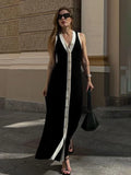 Tineit V Neck Sleeveless Single Breasted Ribbed Knitted Dress Women Bodycon Long Dress Contrast Color Cardigan Sexy Summer Dress