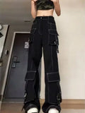 Tineit American New Retro Vintage Pocket Overalls For Men And Women Y2K High Street Loose High Waist Straight Casual Wide Leg Jeans