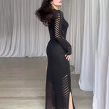 Black Friday Tineit TRAUXY Elegant O Neck Knitted Hollow Out Long Dress Female High Waist Bodycon Dress Fashion Party Dress Full Sleeve Solid Color