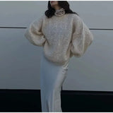 Tineit Fashion Sequined Mohair Sweater Women's New Loose O-neck Lantern Long Sleeve Glitter Knitted Pullover Sweater Streetwear