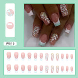 Tineit-Fall nails Christmas nails 24pcs Long Ballet False Nails With Diamond French Shinny Flower Fake Nails Wholesale Full Cover Nail Tips Press on Nails