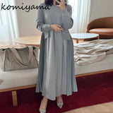 Tineit  Side Pleated Vestidos Mujer Women 2025 Dresses O-neck Long Sleeve Dress Autumn Loose Vintage Vestido Korean Chic Robes