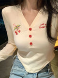 Tineit Y2k Cherry Embroidered T-shirt Women Sexy V Neck Long Sleeve Crop Top Female Spring Korean Fashion Harajuku Sweet Cute Slim Tees