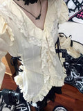 Tineit Y2k Aesthetic Lace Shirt E-girl Ruffle Irregular Goth Embroidery Blouses with Bow Fairycore Grunge Lolita Style Clothes