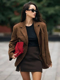 Tineit Retro Brown Lapel With Pocket Jacket Woman Fashion Buttons Long Sleeve Short Coat 2024 Female Autumn High Street Outwear