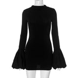 Black Friday Tineit Fashion Pull Sleeve Black Mini Dress Female High Waist Elegant Long Sleeve Dresses Club Party Bodycon Women's Clothing