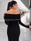 Black Friday Tineit Fall Winter Sexy One-Shoulder Long Knit Dress Slim Elegant Fungus Splice Contrast Color Sweater Female Club Party Dresses