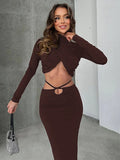 Black Friday Tineit Fall New Skirts Suit Solid Color Long Sleeve Crop Top Twist Ruched Slim Lace Up Sexy Navel Exposed Skirt Matching Sets