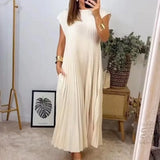 Tineit-Pleated Dress O Neck Sleeveless Women Ankle Length Dresses Pullover Folds Solid Color Casual Loose Fit Vestidos 2024 Basics