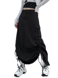 Tineit Retro Women Long Cargo Pocket Baggy Skirts Side Drawstring Low Rise Solid Pockets Hip Hop Straight Skirts Y2k Streetwear