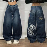 Tineit Y2K Baggy Jeans Streetwear Womens Hip Hop Skull Graphic Jeans Black Pants New Harajuku Gothic High Waisted Wide Leg Trousers