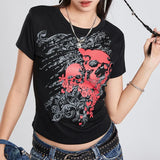 Tineit Japanese Cyber 90s Vintage Crop Top Y2K Grunge Emo Women T-shirt Gothic Skulls Graphic Short Sleeve Tees Harajuku Clothes