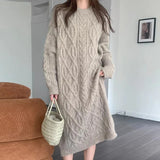 Tineit Twist Knitted Vestidos Winter Thicked Vestido Loose Long Sleeve Women 2025 Dresses Round Neck Dress Korean Lazy Style Clothing