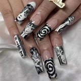 Tineit-Horror Manga Gothic Style Fake Nails Black White Anime Nail Art Press on Nails Nail Accessories Popular False Nails Nail Tips