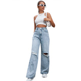 Tineit Wide Leg Trousers Women Straight Pants Denim Washing High Waist Loose Fit Pockets Button Basics Solid Color Holes Jeans Casual