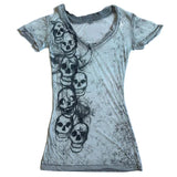 Tineit Graphic Tie Dye V Neck Crop Tops Y2K E-girl Gothic Grunge Skull Print Tshirt 2000s Retro Emo Short Sleeve Slim Fit Tees Clothes