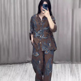 Tineit Two Piece Sets Print Shirt Wide Leg Pants Women Muslim Suits Arab Musulman Ensembles Moroccan Kaftan Ramadan Outfits Summer