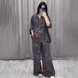 Tineit Two Piece Sets Print Shirt Wide Leg Pants Women Muslim Suits Arab Musulman Ensembles Moroccan Kaftan Ramadan Outfits Summer