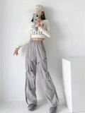 Tineit Y2K Pleated Grey Cargo Pants Women Streetwear Korean Oversize Wide Leg Baggy Pants Hip Hop Jogger Trousers Elastic Waist