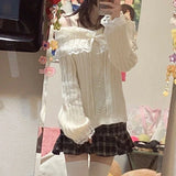 Tineit Kawaii Lace Trim Off Shoulder Pullovers Pretty Cute Outfits Harajuku Cosplay Sweater Y2K Aesthetic Vintage Long Sleeve Jumpers