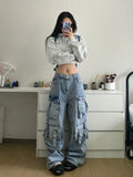 Tineit American Street Workwear Multi-Pocket Heavy Lndustry Design Jeans Female Y2K Gothic Fashion Punk Style Loose Floor Wide-leg Pant