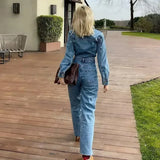 Tineit Autumn Denim Jumpsuit for Women Overalls Woman Jean Overalls Long Sleeve Elegant Jumpsuits Y2k Streetwear 2024 Turn Down Collar