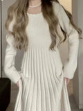 Tineit 2024 Fall Fashion Sweater Long Dresses Women Korean Fashion Elegant Solid Knitted Dress Female Autumn Winter Casual Long Sleeve Slim Pleated Dress