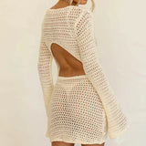 Tineit Sexy Backless Knitted Dress Women Crochet Hollow Out Mini Dresses Summer Beach Boho Long Sleeve See Throug Bikini Cover-up