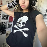 Tineit Skeleton Print Black Crop Top 90s Vintage Harajuku Grunge Summer T-shirt Dark Academia Emo Alt Tees Women Streetwear