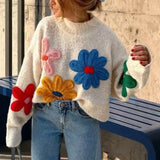 Tineit Crochet Flower Pullover Knitted Sweater Women's Fashion Loose Lantern Long Sleeve Embroidery Knit Top Streetwear Fashion